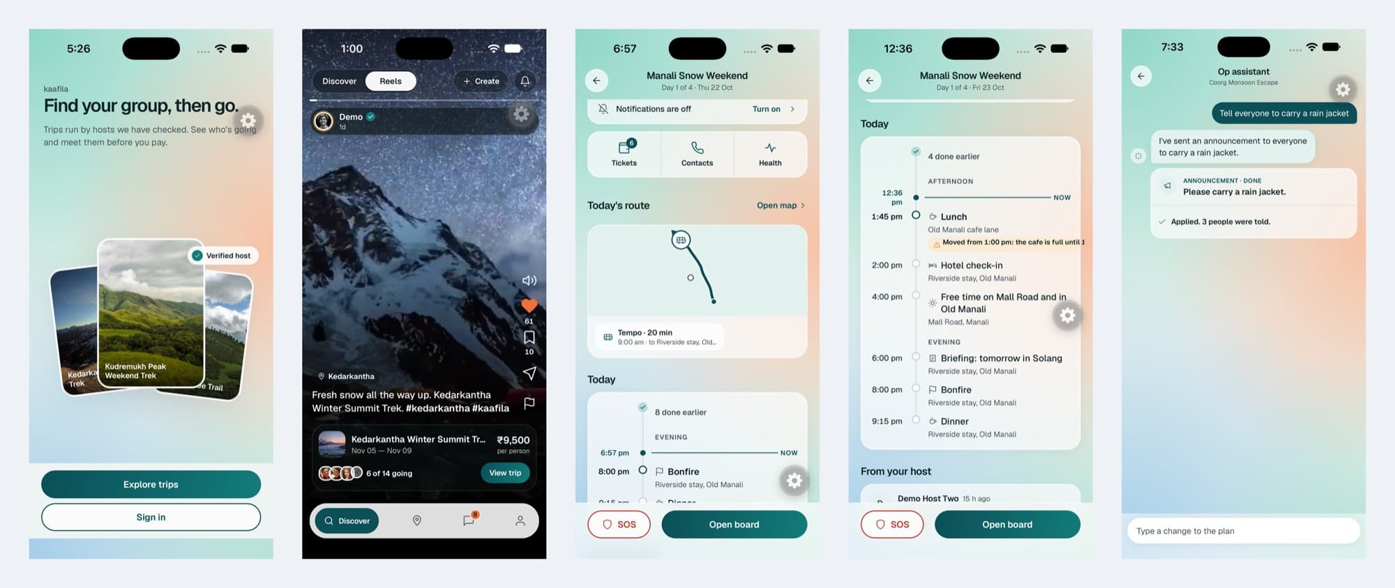 Kaafila app screens: onboarding, trip reels, live trip, day plan and op assistant